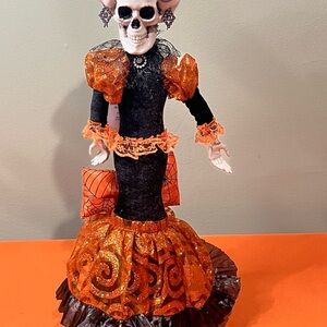 Festive Skeleton Figurine in Black and Orange